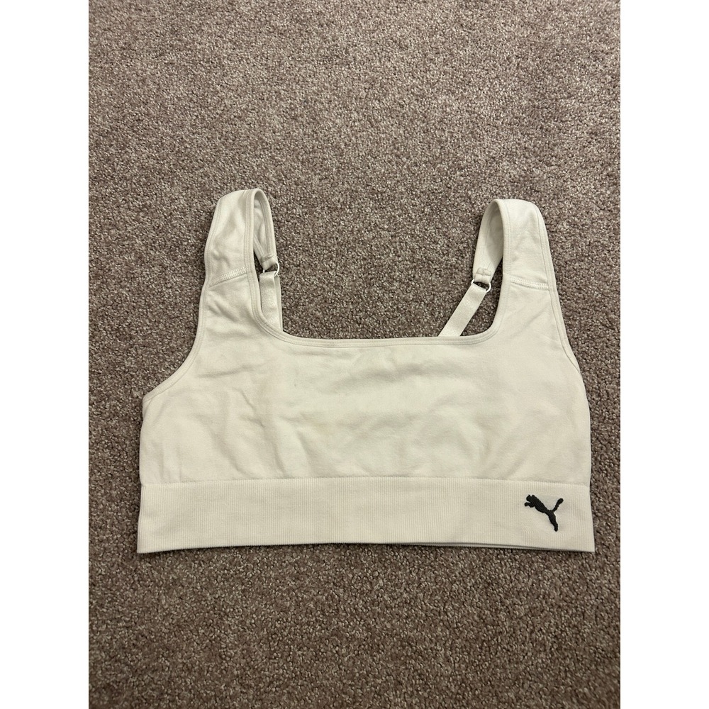 Puma Sports Bra Womens Large Cream Excellent Seamless Square Neck Adjustable